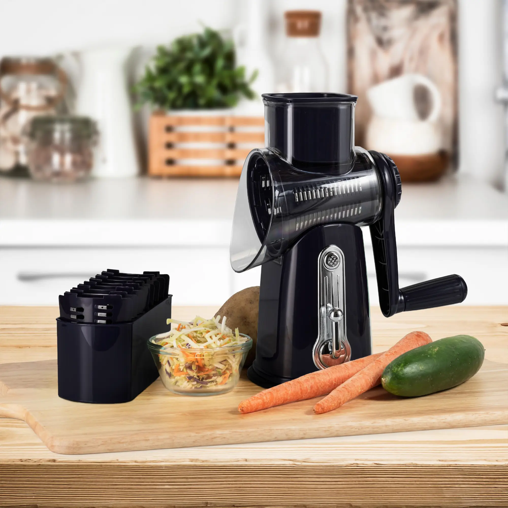 5-in-1 Multifunctional Handheld Rotary Food Cutter - Kitchen Utensil with Non-Slip Suction Base, Veggie Slicer, Cheese Grater, Mandoline for Fresh Cheese, Fruits, Vegetables