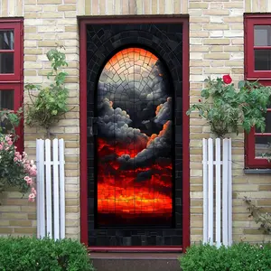 2pcs   Gothic Church Stained Glass Wall Sticker Vintage Art Arch Window Decal Self Adhesive Removable Colorful Sky Cloud Pattern Home Living Room Decorative Mural Film  Collage Self-Adhesive Door St