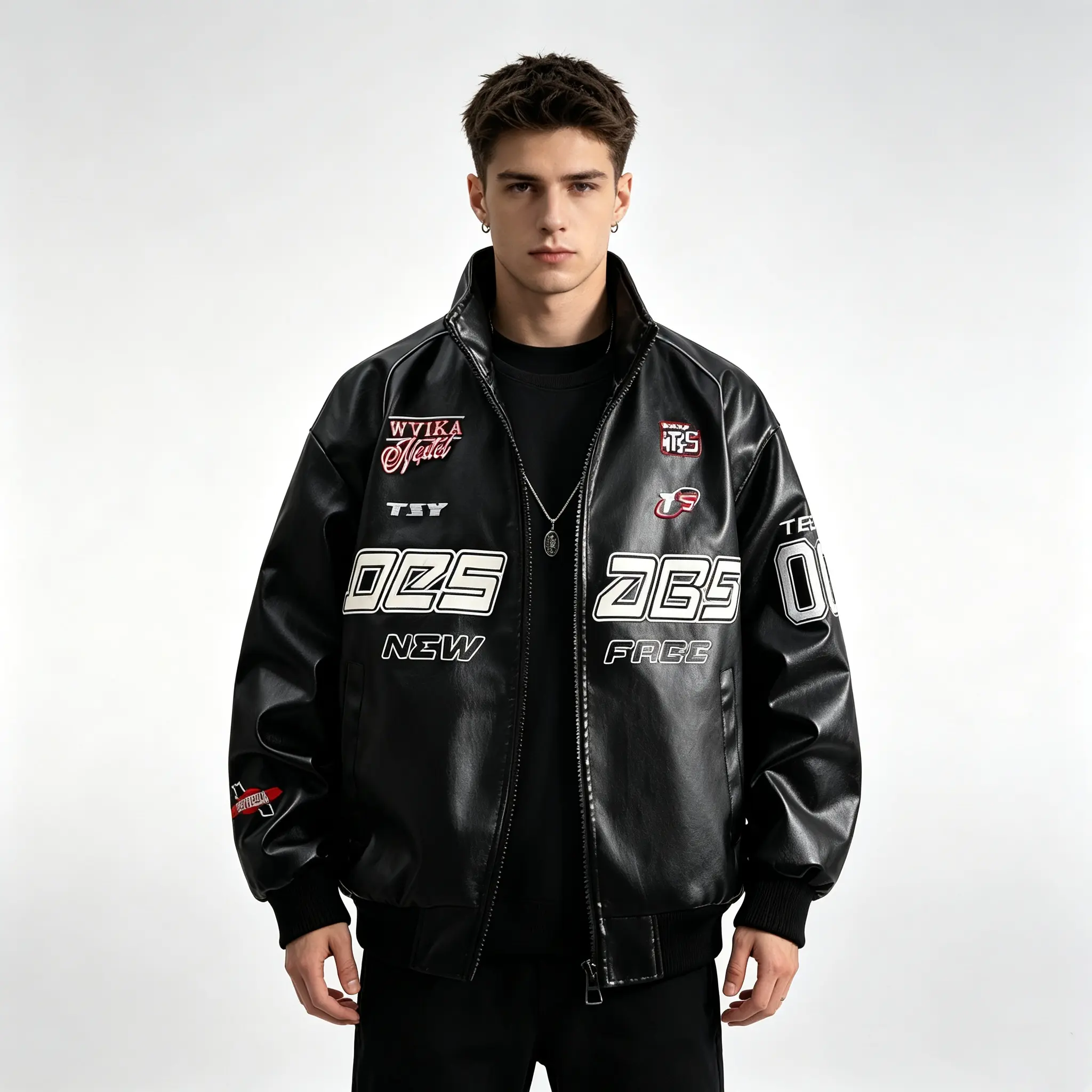 Men Oversized Racing Faux Leather Jacket Y2K Graphic Patch Moto Bomber Jacket Hip Hop Streetwear Retro Motorcycle Outerwear for Fall Winter
