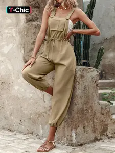 Women's Fashion Utility Jumpsuit with Adjustable Waistband, Multiple Pockets, Button Back Design, Casual Wide Legalls, Elastic Womenswear