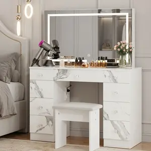 LED Lighted Mirror Vanity Desk Set with Stool, Built-in Power Outlet, 3 Color Modes & Dimmable Brightness, 9 Storage Drawers, White Marble Dressing Table, Perfect Gift for Girls Women, Halloween Thanksgiving Holiday