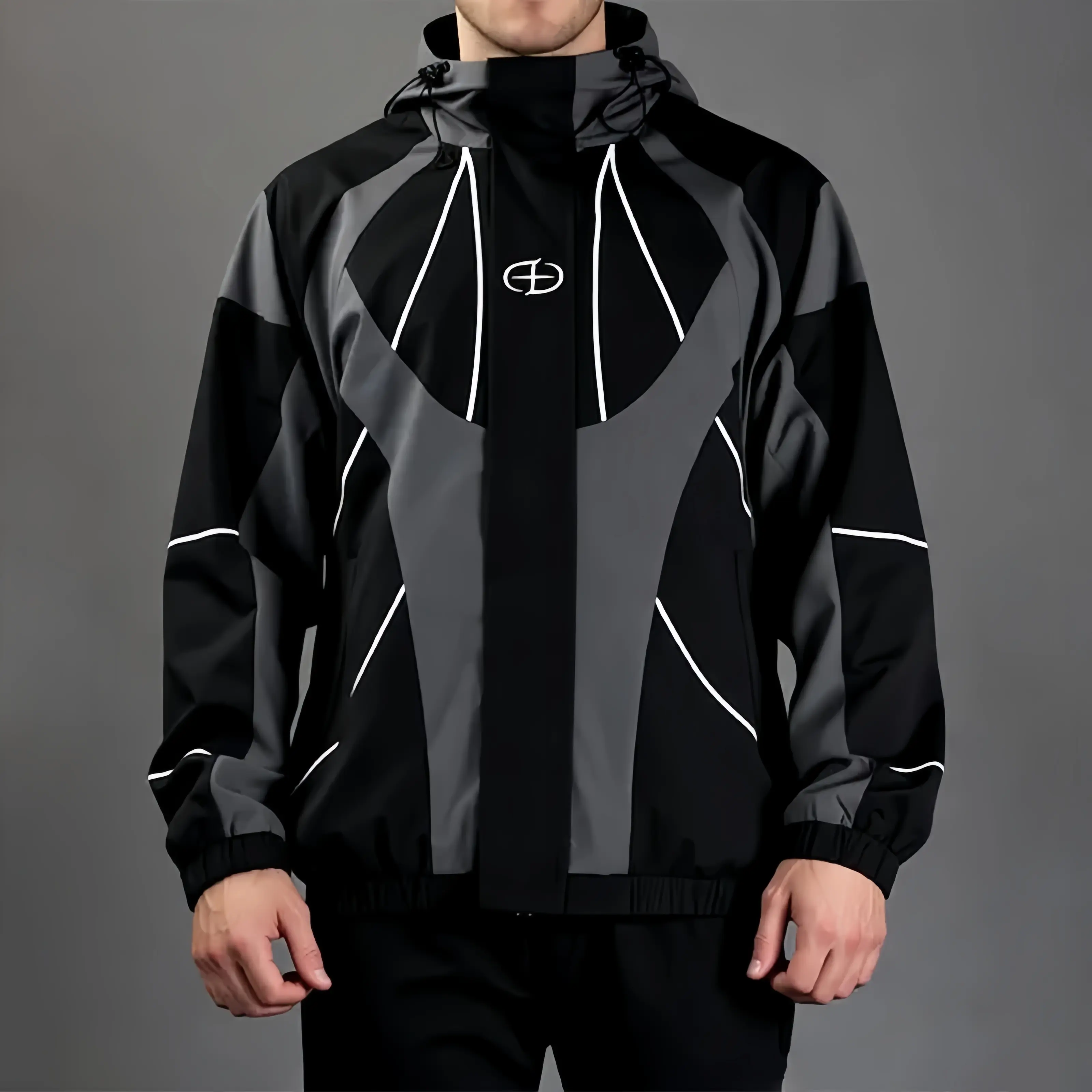 Men’s Color Block Techwear Hooded Jacket - Black Grey Geometric Panels Contrast Outerwear, Embroidered Logo, Reflective Lines, Adjustable Drawstring Hood, Elastic Cuffs & Hem, Polyester Blend Outdoor Wear for Autumn Winter Daily Use