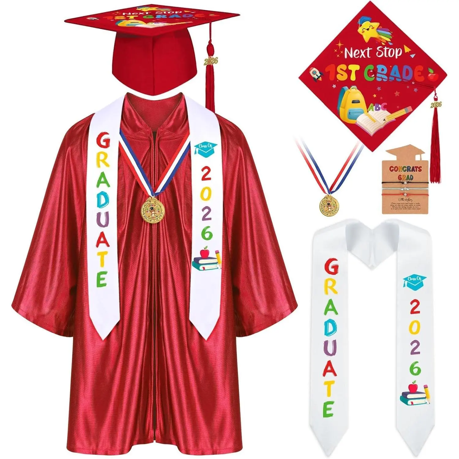 YLOLUL 2026 Kindergarten Preschool Graduation Gown Cap Set Graduation Stole Bracelet Medal Certificate Package Grad Gifts