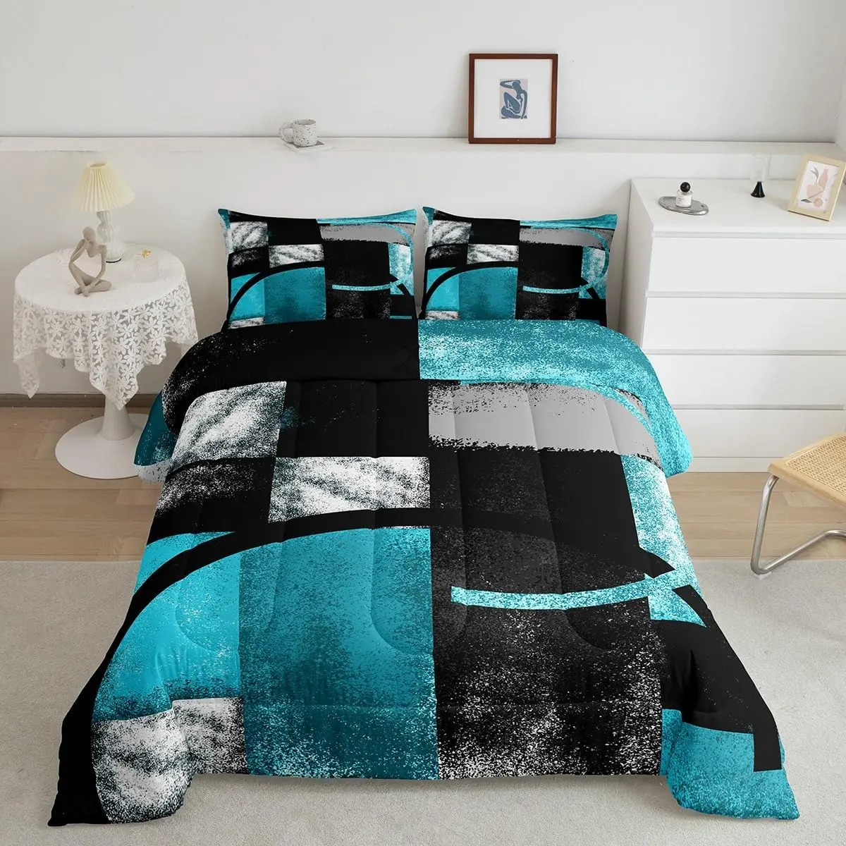 Abstract Turquoise and Black Bedding Set,Grunge Teal Ombre Comforter Set Gray Black Blue Stripe Comforter Abstract Art Duvet Set Lightweight Quilt Set