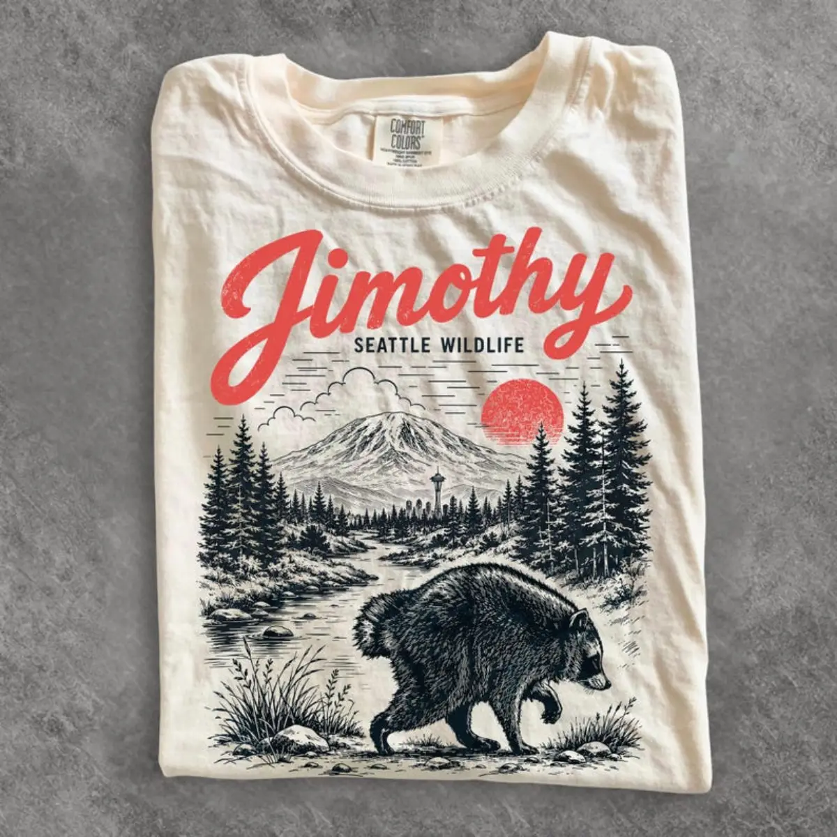 Comfort Colors® Jimothy Raccoon T-Shirt, Vintage Seattle Wildlife Graphic Tee Raccoon Space Needle Pine Forest Outdoor Humor Unisex Top