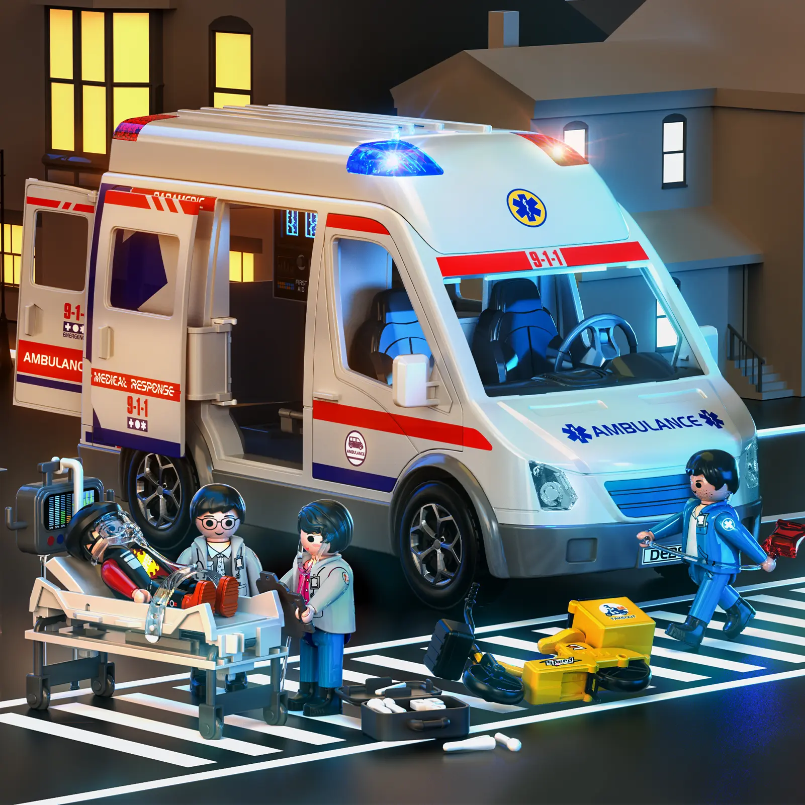 Unisex Ambulance Truck Toy Vehicle Model Set - 4 Figures, Light & Sound, Role Playing, STEM Puzzle Activity, Safety Education, Developmental Toy for Kids Over 3 Yrs, Christmas Birthday Gift