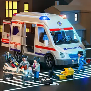 Ambulance Truck Car Toy Vehicle Model Set with 4 Figures,Light & Sound,Role Playing Safety Education, STEM Project Puzzle Activity, Christmas Birthday Gift