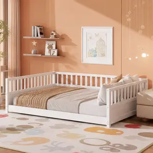 ARCH Queen Montessori Floor Bed Frame with Safety Guardrails, Low Profile Solid Pine Wood Platform Bed for Kids & Toddlers, No Box Spring Needed, White Finish, 62.99W x 82.60D x 21.46H Inches, for Bedroom & Shared Kids Room, Queen Size Options