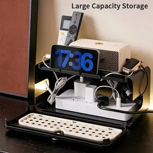 Vintage Rattan Style Cable Organizer Box, Desktop Power Strip Holder, Phone Stand Included, Home/office Vintage Desk Organizer