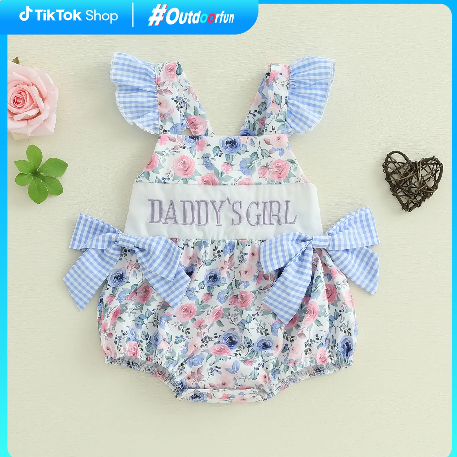 Newborn Baby Girls Romper, Fly Sleeve Outfit Flower Print Embroidery Letters Bow Infant Bodysuit Summer Clothes For Casual Daily Cozy Cute