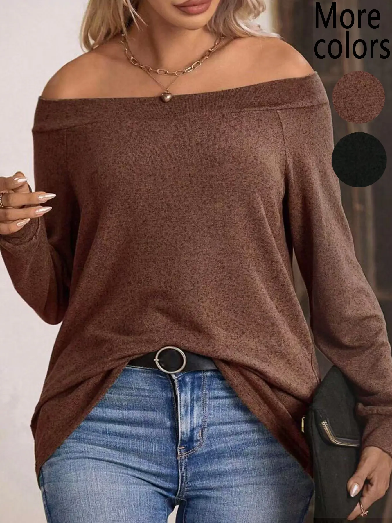 Plus Size Women's Off-Shoulder Long Sleeve Top, Basic, Knitwear, TikTok Viral Quiet Luxury, Minimalist & Street Style, Knit Fabric & Oversized Relaxed Fit, Wide Off-The-Shoulder Neckline, Perfect for Coffee Runs, Casual Dates, Knitted