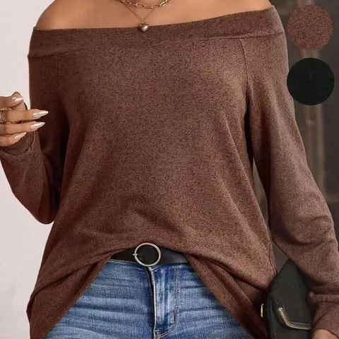 Plus Size Women's Off-Shoulder Long Sleeve Top, Basic, Aesthetic Casual Knitwear, TikTok Viral Quiet Luxury, Minimalist & Street Style, Knit Fabric & Oversized Relaxed Fit, Wide Off-The-Shoulder Neckline, Perfect for Coffee Runs, Casual Dates