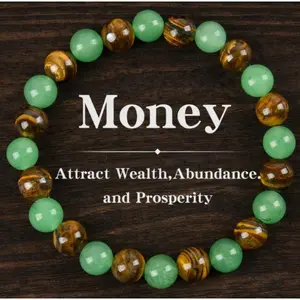 Money Attraction Bracelet with Green Glass Crystals, Tiger’s Eye Beaded Friendship Jewelry Unisex Protection Gift for Wealth Abundance Prosperity Good Luck