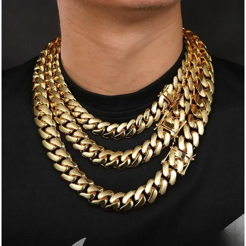 Men's Cuban Link Chain Necklace - Gold Plated Miami Thick Statement Jewelry, Non-Tarnish, 8mm-22mm Widths, Bold Hip Hop Layered Accessory, Cuban Links, Gold Plated Necklace