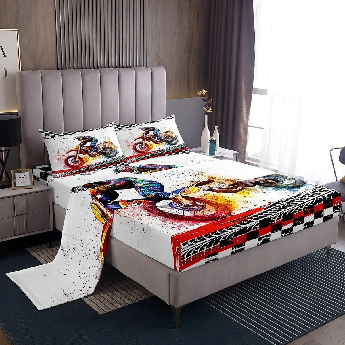 Feelyou Microfiber Bedding Set - Motocross Dirt Bike Themed for Boys, Elegant Design with Quick-Drying Tire Marks Print Sheets, Deep Pockets, Machine Washable, Ideal Gifts for Kids, Microfibre