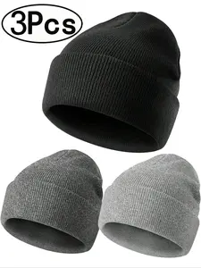 3Pcs-Unisex Multicolor Knit Beanie Hat, Casual Fitted Plain Design, Perfect for Fall & Winter, Stylish Men's and Women's Accessory, Knitted Hat