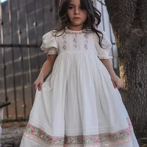 Girl Dress, Handmade Embroidered Floral Heirloom, Lace Crew Collar, Puff Sleeve, Cotton Kids Casual Clothing