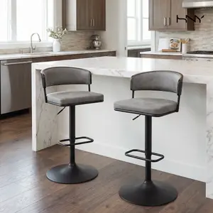 【SummerWins】HNY Modern 360°  Adjustable Bar Stools Set of 2, Faux Leathe Swivel Counter Height Stools with Curved Back Metal Base for Kitchen Island Home Bar summerwins