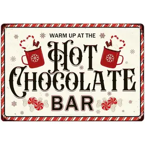 Warm Up At The Hot Chocolate Bar Metal Tin Sign Christmas Theme Decor Vintage Retro Poster For Kitchen Cafe Bar Farmhouse Home Wall Decor Art Winter Decoration Plaque 8X12 Inch