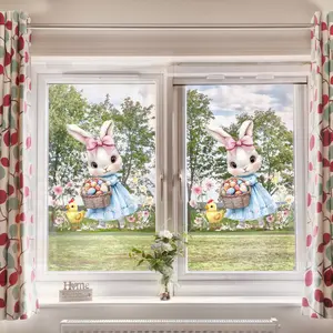 A set (30*30cm*2pcs) of Easter rabbit, flower and egg flat static stickers with bows, for holiday window and home background decoration, Floral Pattern Sticker, D21478*2