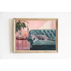 [ SALE UP TO 45% ] Russian Blue Cat with Peach Cocktail Art Print | Cute Quirky Whimsical | Cocktail Art Bar Cart Decor | Grey Cat Gift | Trendy Home Wall Art