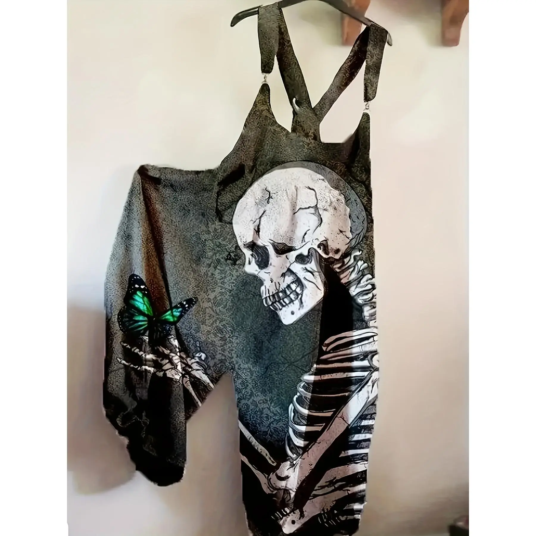 [Halloween Jumpsuit] Halloween Women's Plus Size Jumpsuit| Skull and Butterfly Design, Black and White, Asymmetrical Hem, High Stretch Fabric, Round Neck, Cuffed Sleeves, Gothic Style for Spring/Summer/Fall, Halloween Clothing| Skull Print| Asymmetrical H