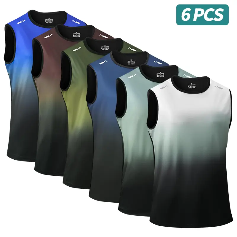 Men’s 6-Pack Gradient Sleeveless Muscle Singlet Sports Tank Tops - Quick Dry, Breathable Polyester Gymswear Tanks, Sports Clothes, Gym Fitness Sportswear for Running, Training, Activewear Clothes