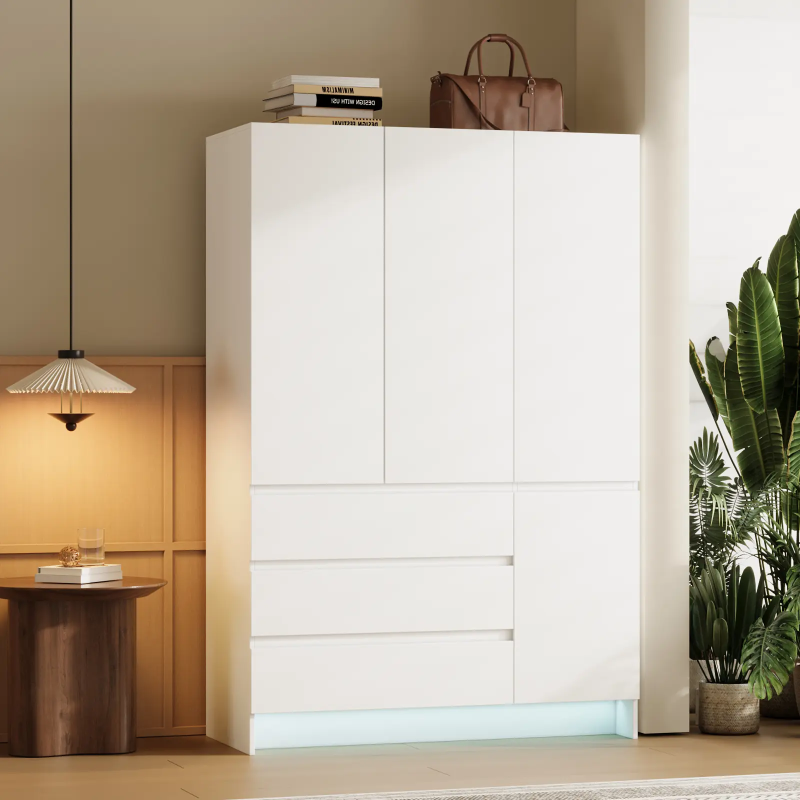 VOWNER Wardrobe Closet with LED Lights, Freestanding Armoire Wardrobe with 3 Drawers, Hanging Rod, Shelves, Mirror, Remote & Bluetooth RGB Light Strip, Modern Bedroom Closet
