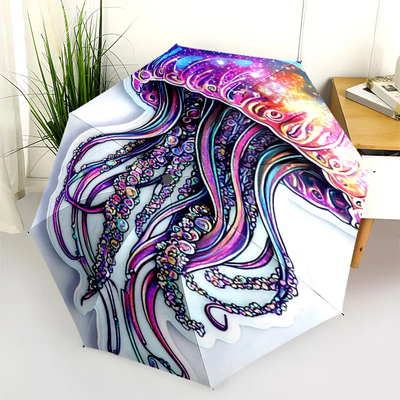 1 PC Automatic Folding Umbrella - Galactic Jellyfish Artwork Pattern, Portable & Foldable Design with 8 Ribs, Merry Christmas Pattern,Casual Outdoor Accessory Halloween and Christmas Birthday Gifts. H00187