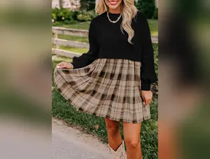 Black Plaid Patchwork High Waist Sweatshirt Mini Dress