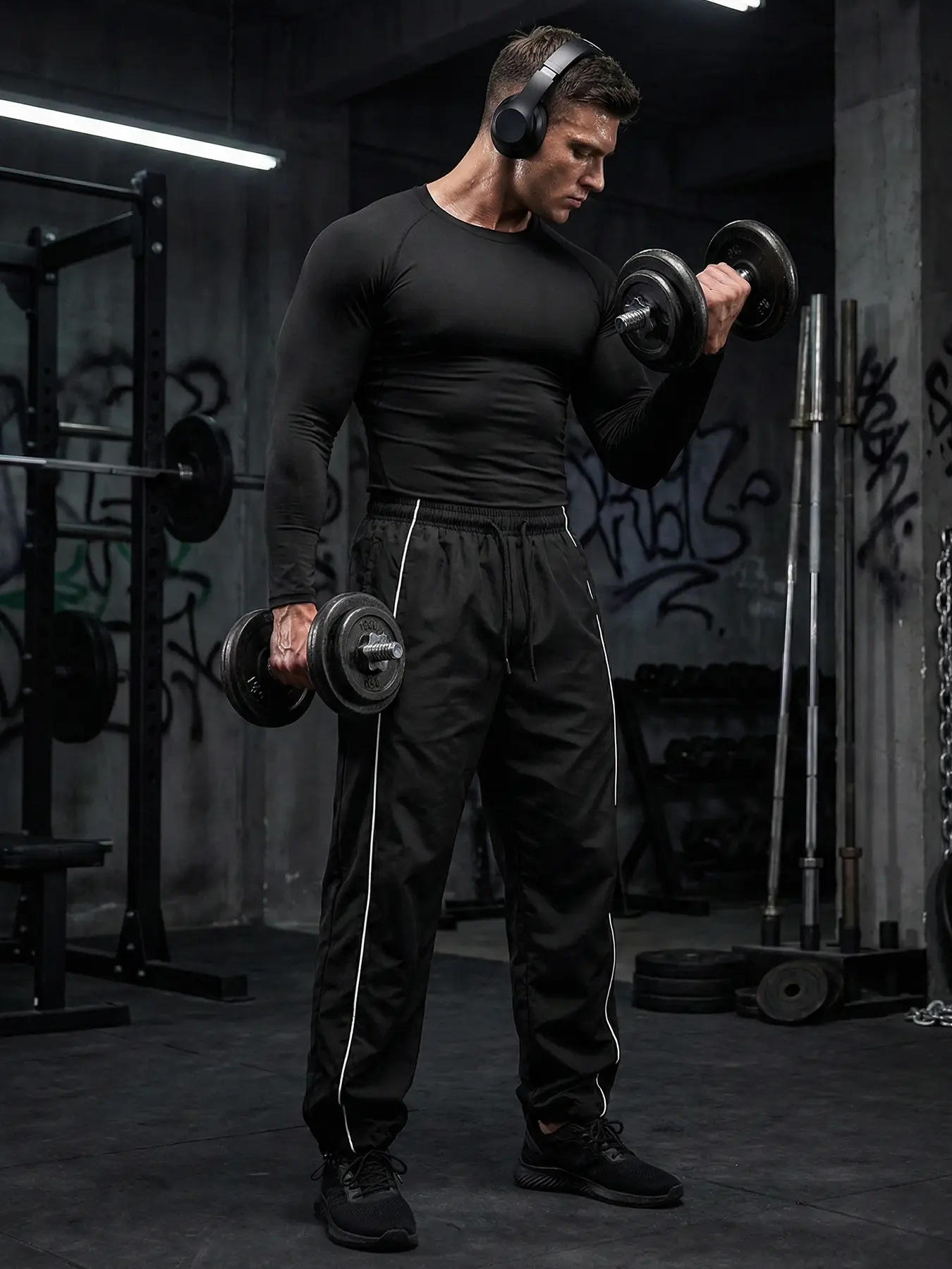 Men's Spring Fall Athletic 2 Piece Set, Gym Athletic Clothes, Sports Activewear Set, Gym Workout Fitness Running Sportwear Set, Long Sleeve Compression Shirt + Drawstring Elastic Waist Pants with Adjustable Cuffs Side Stripe, Athletic Fashion Activewear