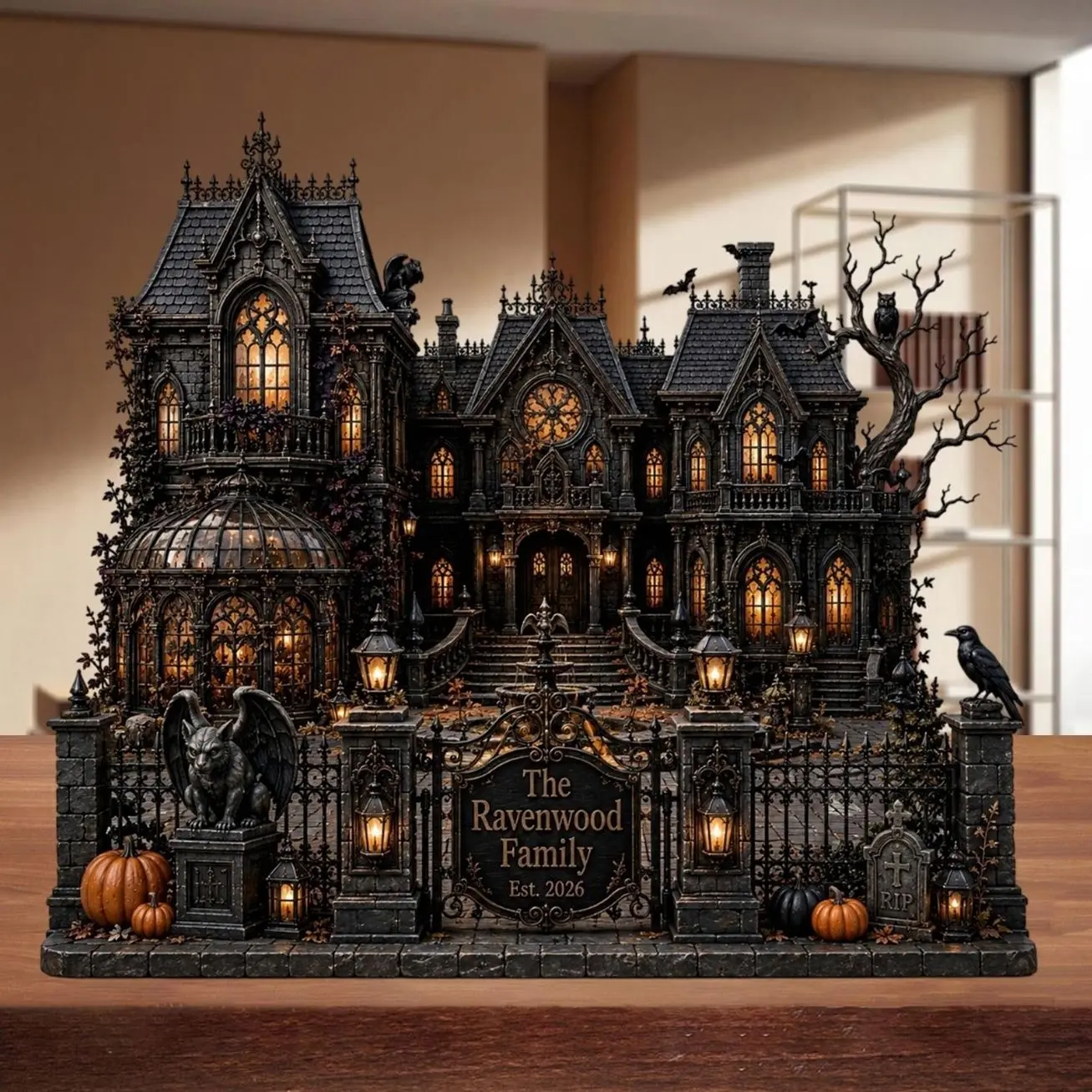 Personalized Gothic Haunted House Wooden Block, Custom Family Halloween Decor, Spooky Mansion Keepsake, Halloween Family Sign