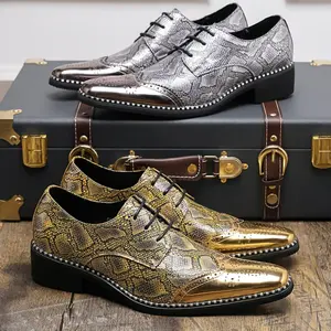 Men's Stylish Golden Brogue Loafers with  Pattern - Pointed Toe Dress Shoes for Business & Casual Wear, Low-Top Lace-Up Design, All-Season Comfort, Allseason Shoes | Stylish Brogue Loafers | Polished Finish Shoes