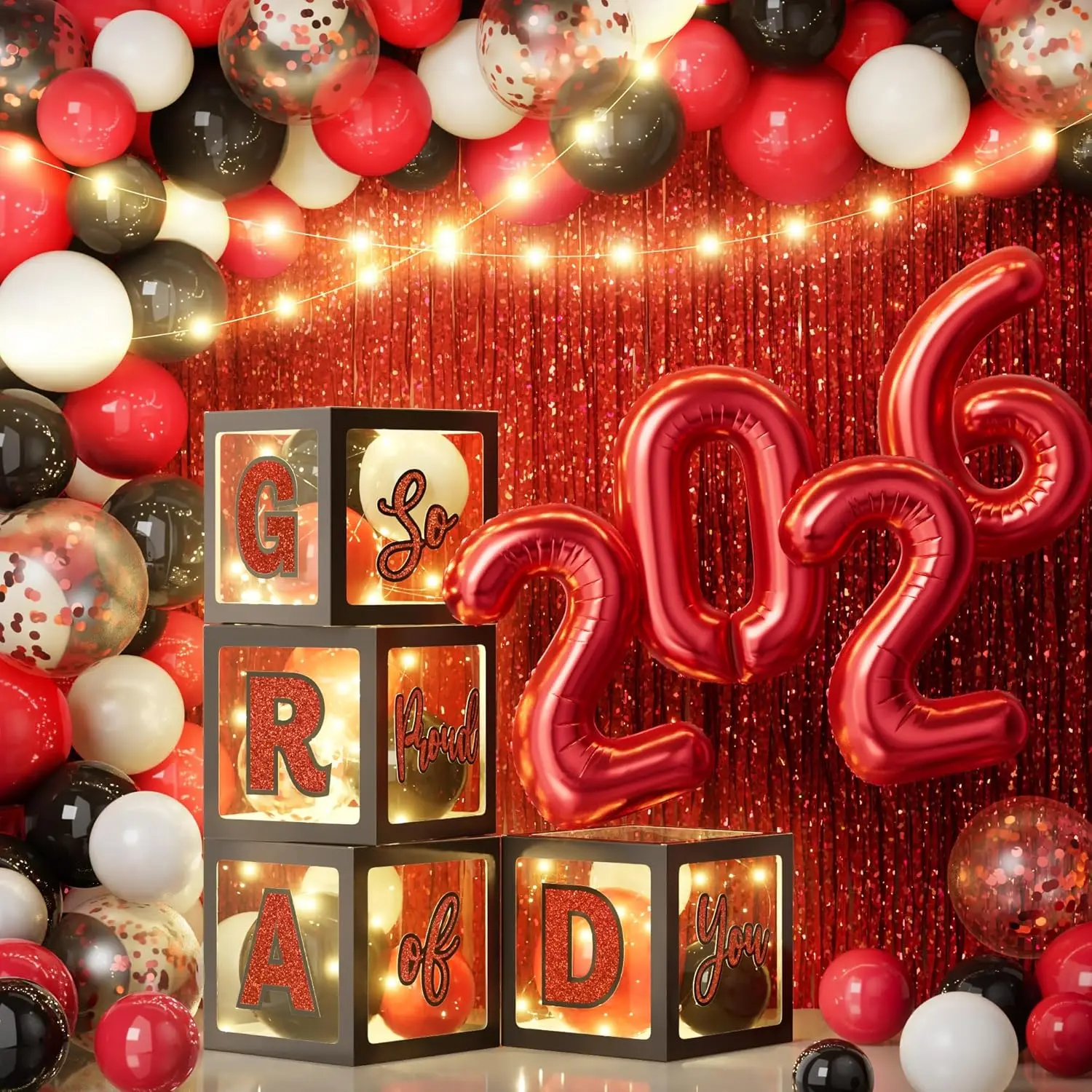86 PCS Class of 2026 Graduation Party Decoration Set - Black Red, with LED Light Strings, Transparent Balloon Block Letter Boxes, Foil Curtains Backdrop, 2026 Balloon Garland Kit, Decorative Letter Balloons, Balloon Backdrop Balloons
