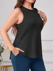 【Plus Size】 Solid Color Sports Tank Top, Casual Round Neck Sleeveless Top, Gym Performance Top for Yoga Gym Workout, Fitness Running Tops, Women's Plus Size Sport & Outdoor Clothing for Summer