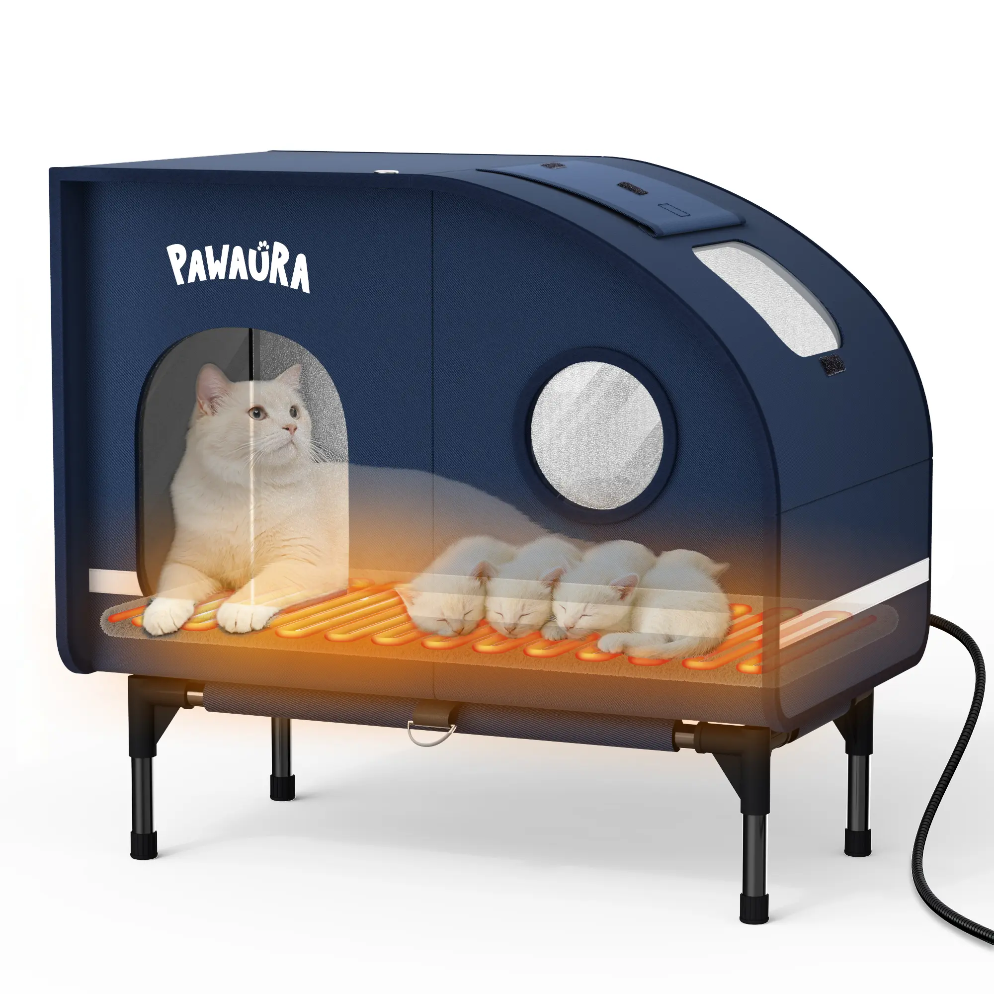 #SummerVibes #petlovers Bucatstate Heated Outdoor Cat House - Thick Insulation, Elevated Base, Camper-Style Shelter with Heating Pad, Nylon Fabric, Rain Protection (Large Dark Blue)