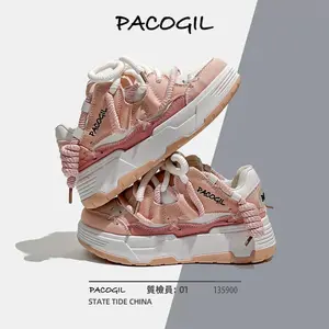 Women's thick-soled height-enhancing lace-up bread shoes sneakers Western style hip-hop niche fashion street trend sneakers rubber sole Footwear Girl solid color flat shoe Casual Running Closed Trainer Runner Training Pink