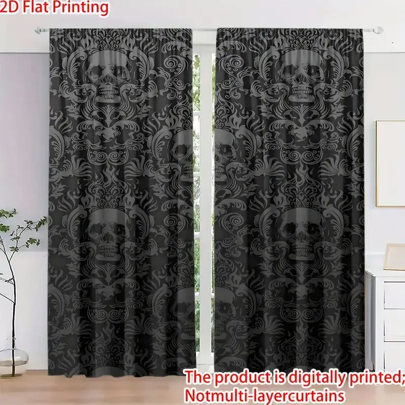 Skull Curtain Set, 2 Piece Drapes Ready Made Curtains Window Hanging Curtain Art Style Curtains for Living Room Bedroom, Elegant Home Decor, Festive Decoration, No Ca Prop 65
