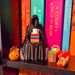 Seasonal Spill the Tea Bookshelf Decor - Seated Hooded Ghost Figurine with Interchangeable Ornaments - 3D Printed Book Decor