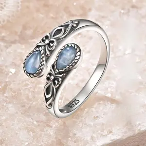 Women's Vintage Adjustable Silver-Plated Moonstone Ring - Nickel-Free, Allergy-Free, Synthetic Stone, Bohemian Butterfly Thumb Jewelry, Everyday Wear & Gift Accessory