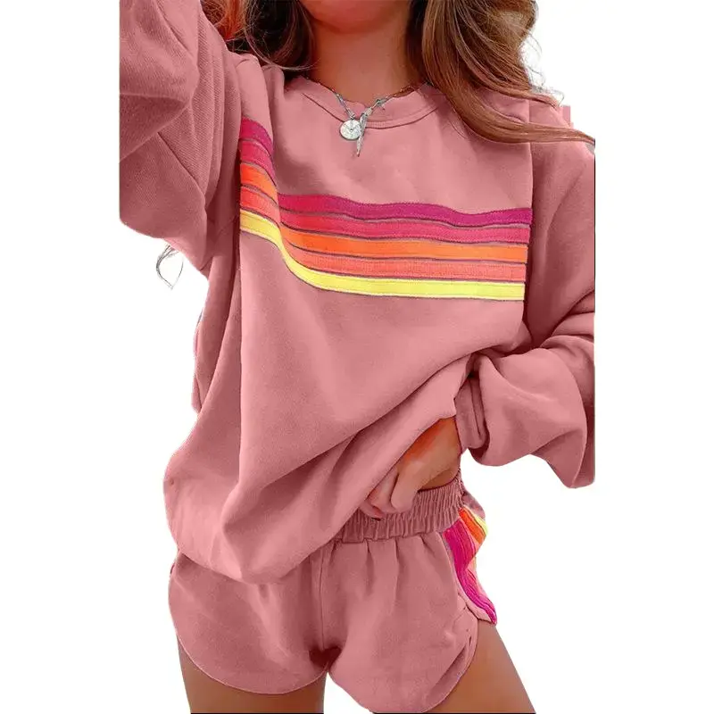 Women's 2 Piece Set, Retro Colorblock Stripe Pajama Loungewear, Oversized Knit Top and Shorts for Casual Home Wear, Two Piece Set