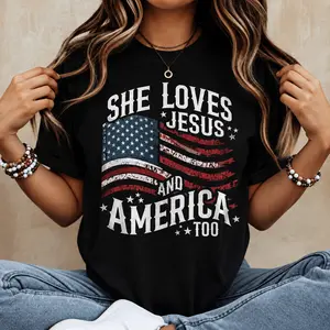 Womenswear Women's Patriotic 4th Of July T-Shirt - Christian Jesus-Loving Retro USA Flag Tee
