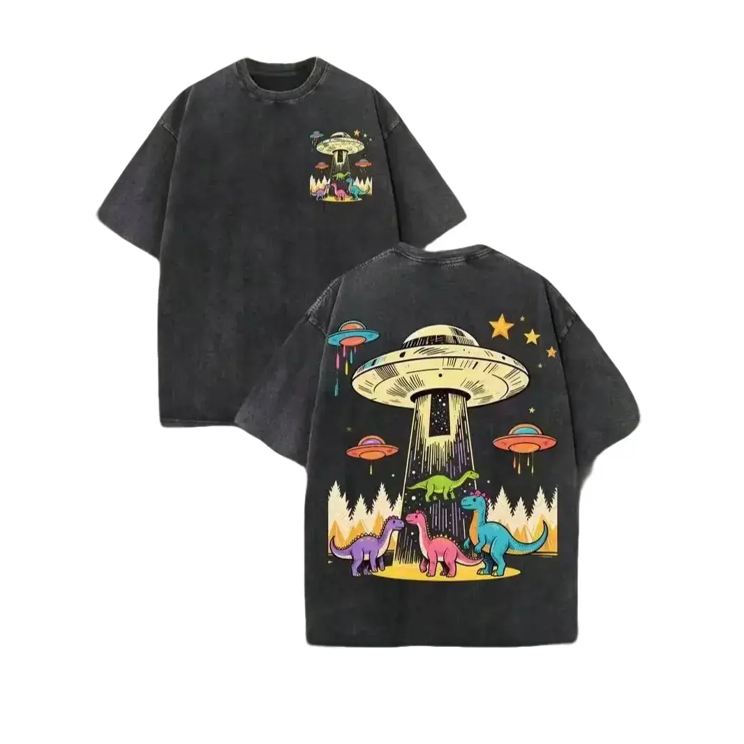 Men's Oversized T-Shirt, Vintage Washed Graphic Tee with UFO Dinosaur, Heavyweight Cotton Streetwear, Cool Gifts for Guys, Fashion Apparel, Mens Clothing, Vintage Graphic Tees