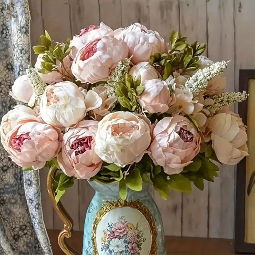 1pc 13 Stems Champagne Peony Flower - Artificial Flowers Peonies Bouquets for Wedding Party Table Centerpieces Floral Arrangement Home Office Kitchen Holiday Decorations