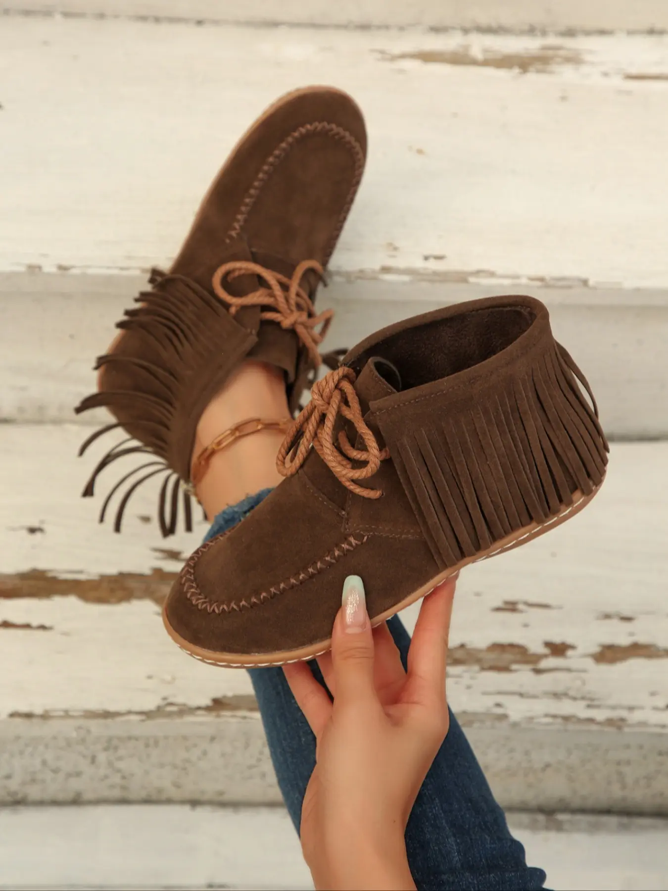 Women's Dark Brown Fringe Ankle Western Boots, Soft Velvety Fabric, Durable Rubber Sole, All Match Casual Footwear for Fall & Winter