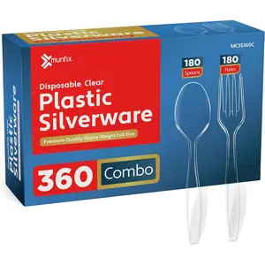 360 Count Extra Heavy Duty Clear Plastic Silverware, 180 Forks, 180 Spoons, BPA Free Disposable Cutlery Set, Premium Bulk Utensils Plasticware for Party Supplies