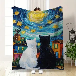 Van Gogh Starry Night Inspired Double Cat Blanket - Flannel Bedspread/Throw Blanket, Extra Large Four Seasons Soft and Warm, Hypoallergenic Luxurious Floral Decoration, Suitable for Living Room, Bedroom or Gift - Vintage Home Decor, White, Blue, Yellow