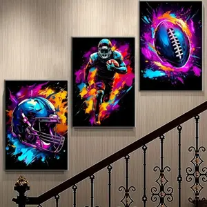 3 Pieces Optional Wooden Frame Modern Gaming Theme Wall Art Abstract Design American Football Artistic Canvas Painting Print Wall Picture Home Living Room Game Room Decor Large Mural Personalized Poster Wall Decor Frame