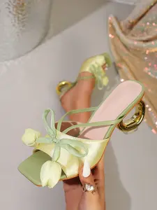 French Tulip Ring Heel High-Heeled Sandals, Colorblock Bow Sweet Style Square Toe, Summer Trendy Women's Shoes