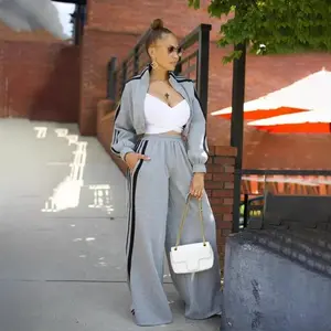 Side Striped Casual Tracksuits Set Set Outfit Sportwear Long Sleeve Zipper Jacket Top and Wide Leg Pants Suit Women's Crop Flare Workout Tracksuit Slim Fit Tracksuit Set Crop Tops Flare Pants Set Fit Lounge Tracksuit Set Drawstring Flare Lo